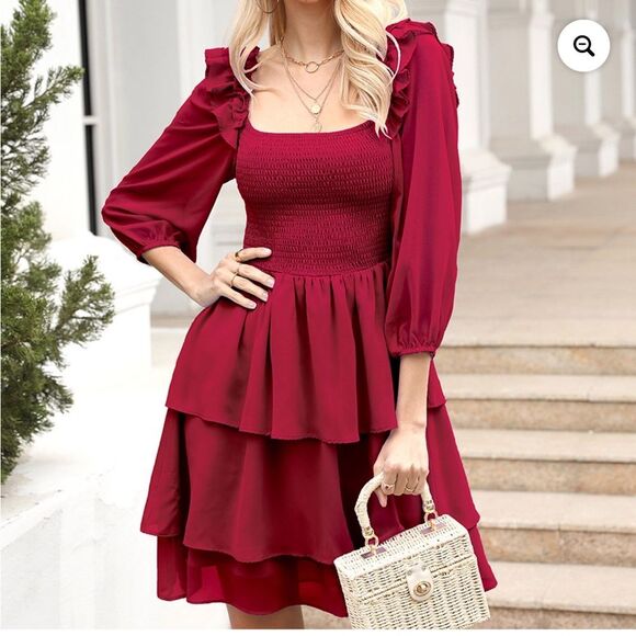 Smocked Ruffle Mini Dress Tiered Sheer Sleeve Women’s Size Small‎ Wine Red - Picture 1 of 10